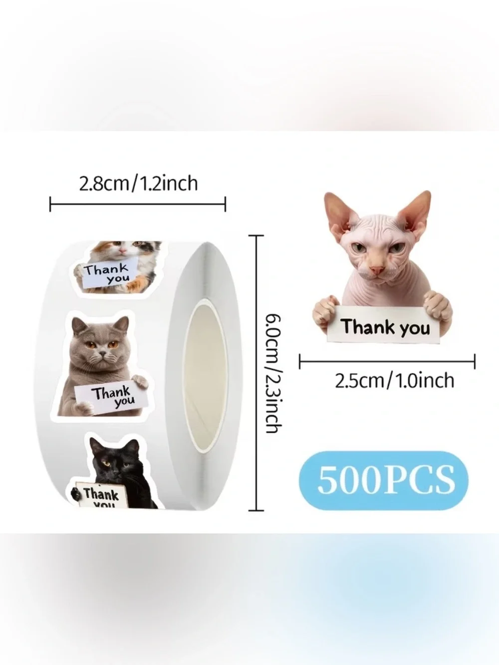 500 pc roll Thank you cat stickers
